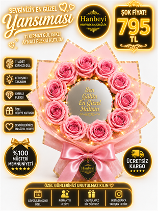 Hanbeyi Premium 11 Pembe Gül Işıklı Aynalı Pleksi Kutuda Aranjman Kişiye Özel Hediyeler
