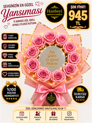Hanbeyi Premium 11 Pembe Gül Işıklı Aynalı Pleksi Kutuda Aranjman Kişiye Özel Hediyeler