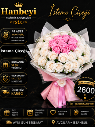 Hanbeyi Premium 41 Adet Yapay Beyaz ve Pembe Gül Buketi - Kız İsteme ve Söz Çiçeği YAPAY ÇİÇEK BUKETLERİ