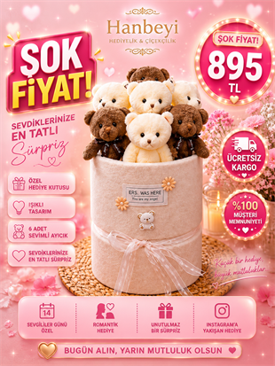 Hanbeyi Premium 7'li Işıklı Ayıcıklı Pudra Süet Yuvarlak Kutu Aranjmanı - Sevgililer Günü Özel Hediye Seti Ayıcıklı Buketler