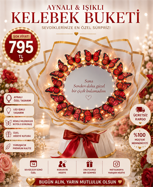 Hanbeyi Premium Aynalı Pleksi Işıklı Kelebek Buketi Kişiye Özel Hediyeler