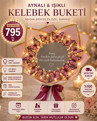 Hanbeyi Premium Aynalı Pleksi Işıklı Pembe Kelebek Buketi Kişiye Özel Hediyeler