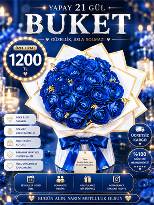 Hanbeyi Premium Yapay 21 Mavi Gül Buketi Yapay Gül Koleksiyonu