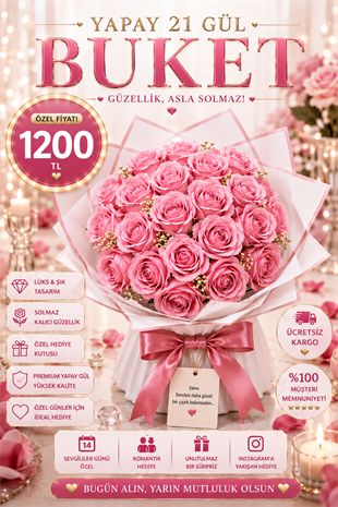 Hanbeyi Premium Yapay 21 Pembe Gül Buketi Yapay Gül Koleksiyonu