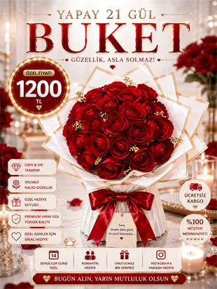 Hanbeyi Premium Yapay 21Kırmızı Gül Buketi Yapay Gül Koleksiyonu