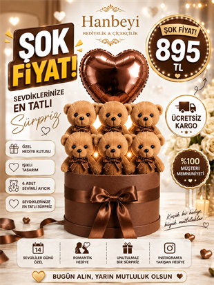 Kahverengi Ayıcıklı Işıklı Yuvarlak Kutu Aranjmanı - Kalp Balonlu Romantik Hediye Seti Ayıcıklı Buketler