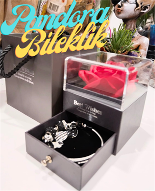 Solmaz Gül Kutusunda Siyah Pandora Bileklik Hediye Seti HEDİYE SETLERİ