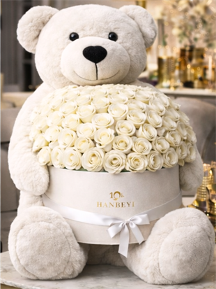 Kutuda Canlı 101 Beyaz Gül + 160 Peluş Beyaz Ayıcık | Hanbeyi Kutuda Gül