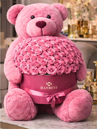 Kutuda Canlı 101 Pembe Gül + 160 Peluş Pembe Ayıcık | Hanbeyi Kutuda Gül