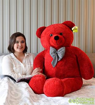 160 cm Papyonlu Büyük Peluş Ayıcık Kırmızı - Sevimli ve Yumuşacık Hediye PELÜŞ AYICIK