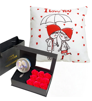 Istiridye Içinde Inci Kolyeli Kırmızı Gül Kutusu ve I LOVE YOU YASTIK Sevgiliye Hediye KARAKTER FİGÜR YASTIK