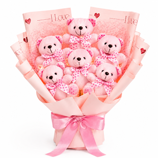 Pembe Ayıcık Buketi 6 Ayıcık– 3 Kademe Işıklı | Romantik Hediye Ayıcıklı Buketler
