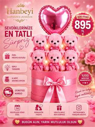 Pembe Ayıcıklı Işıklı Yuvarlak Kutu Aranjmanı - Kalp Balonlu Romantik Hediye Seti Ayıcıklı Buketler