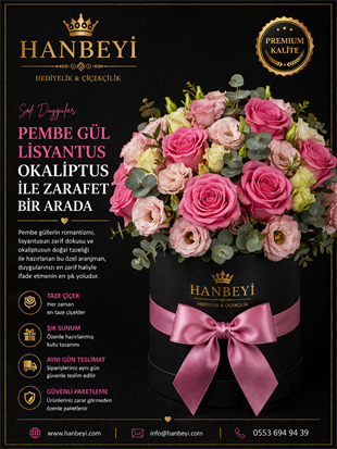 Pembe Gül Lisyantus Okaliptus Premium Kutu Aranjmanı Avcılar Çiçekçi