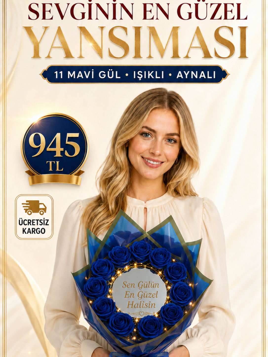 11 Mavi Gül Işıklı Aynalı Buket – Sen Gülün En Güzel Halisin Aynalı Buketler