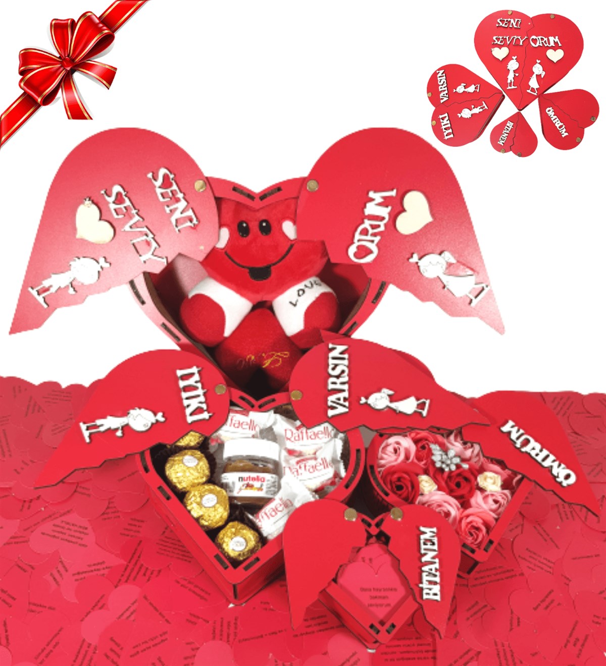 Hanbeyi | Aşk Kulesi 4 Adet Kalp Kutu Sevgiliye Hediye Işıklı Şans Gülü  Ferrero Karışık Çikolata Seti