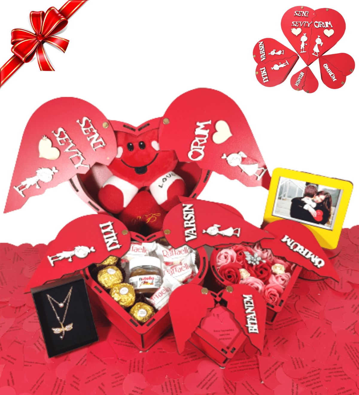 Seni Seviyorum Ahşap Kalp Kutuda Ferrero Karışık Çikolata Kalp Maskot Sarı Fotoğraf Çerçeve Kolye Hediye Setleri