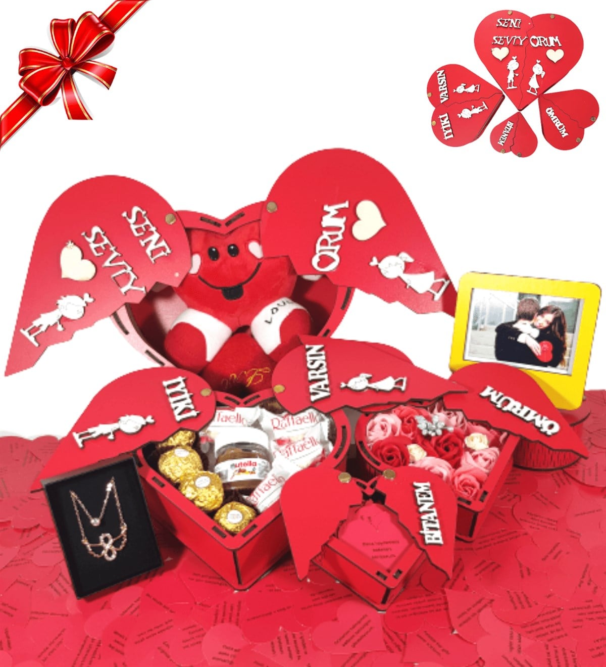Seni Seviyorum Ahşap Kalp Kutuda Ferrero Karışık Çikolata Kalp Maskot Sarı Fotoğraf Çerçeve Kolye Hediye Setleri