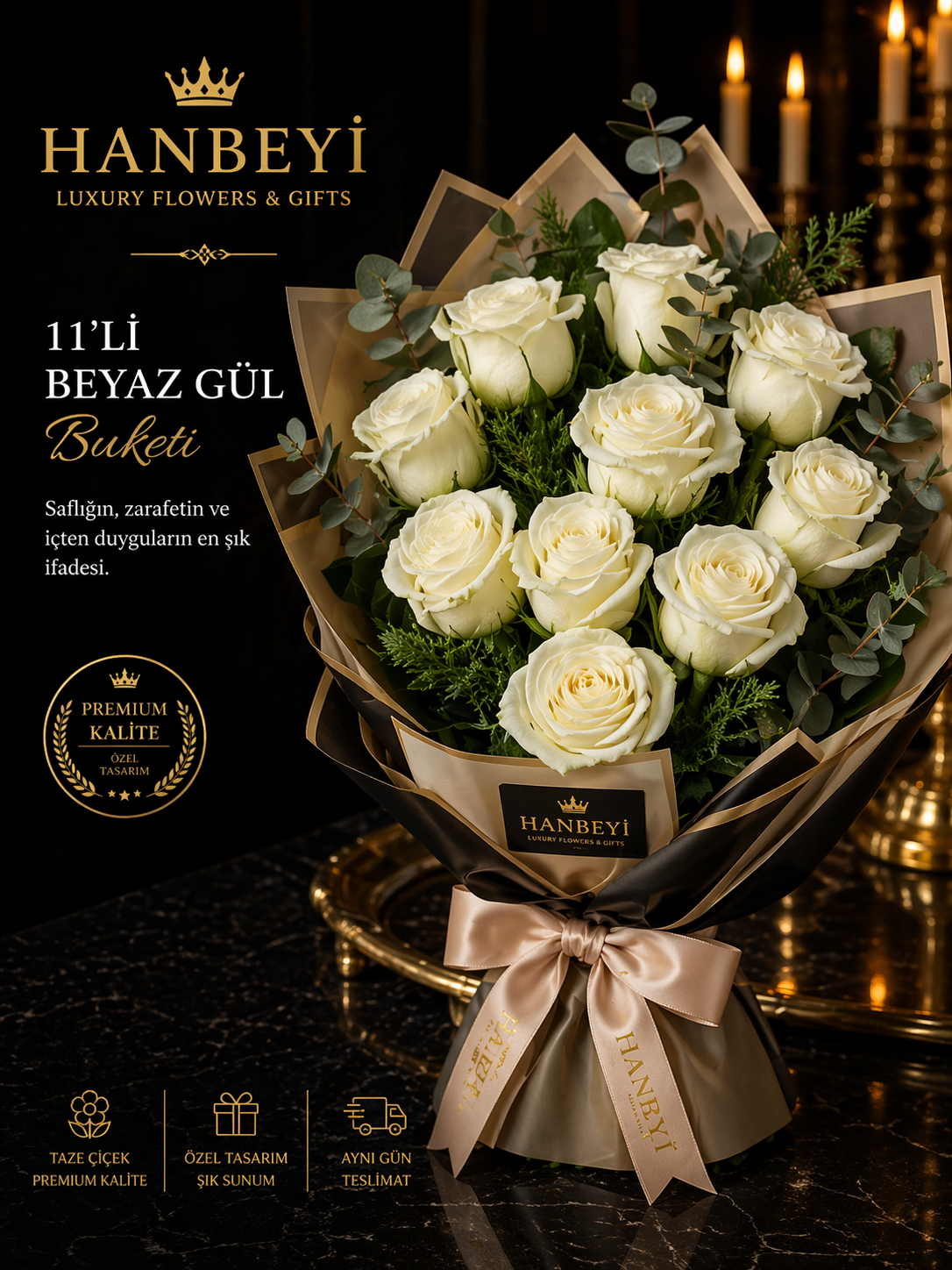 11'li Beyaz Gül Buketi | Hanbeyi Premium Avcılar Çiçekçi