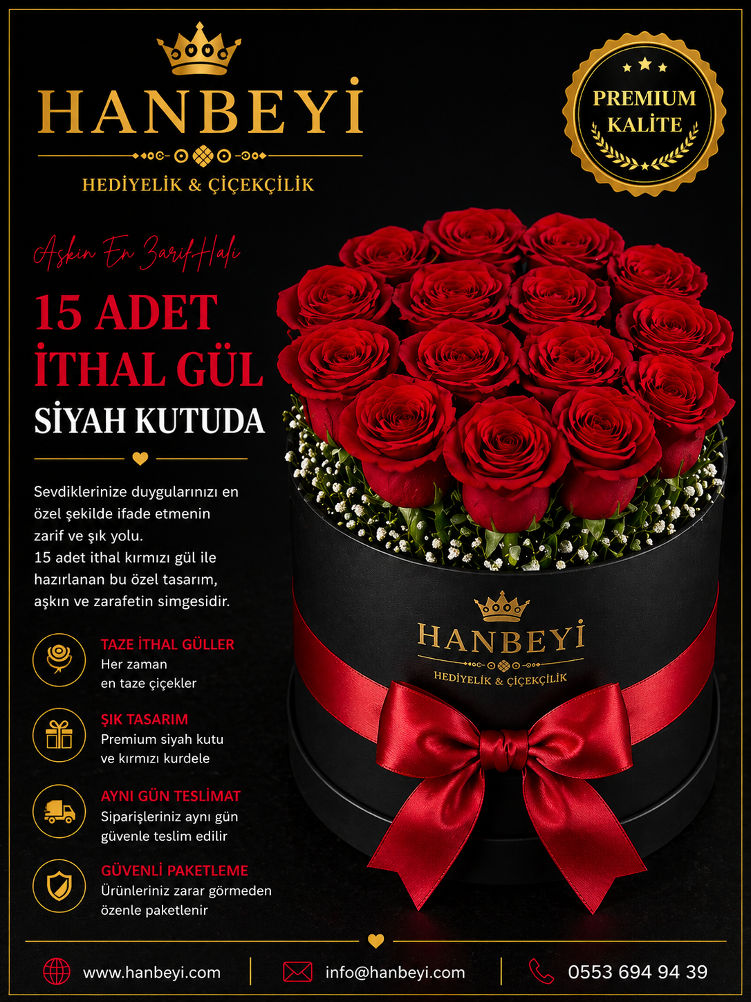 15 Adet İthal Gül Siyah Kutuda | Premium Luxury Collection Avcılar Çiçekçi