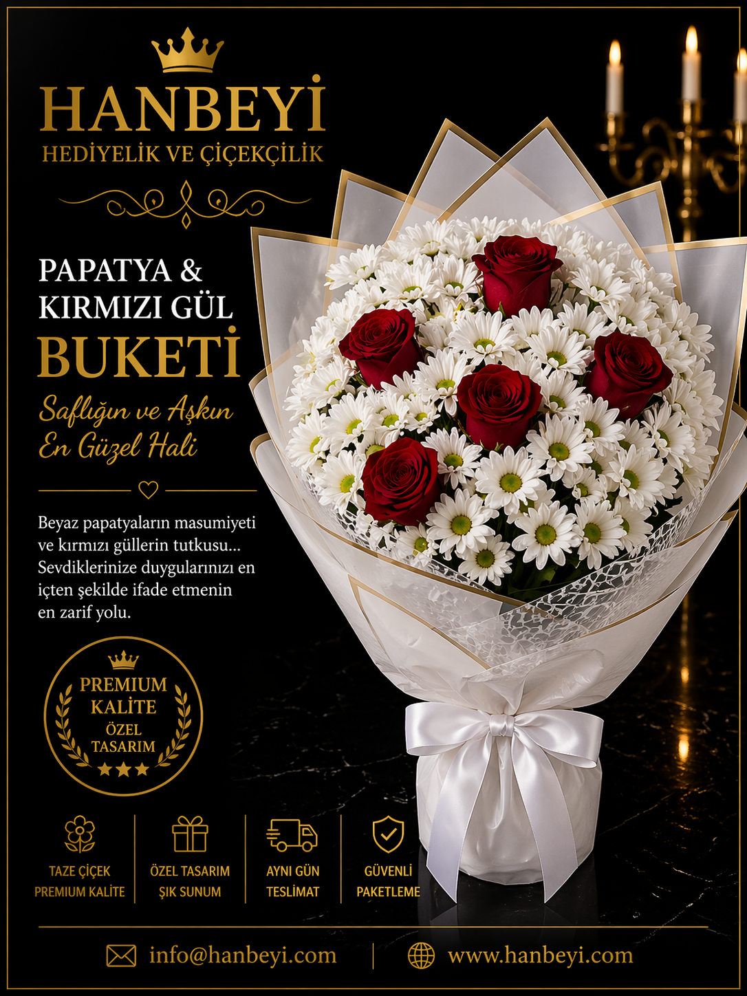 2 Bağ Papatya & 5 Kırmızı Gül Buketi | Premium Aşk Koleksiyonu Avcılar Çiçekçi