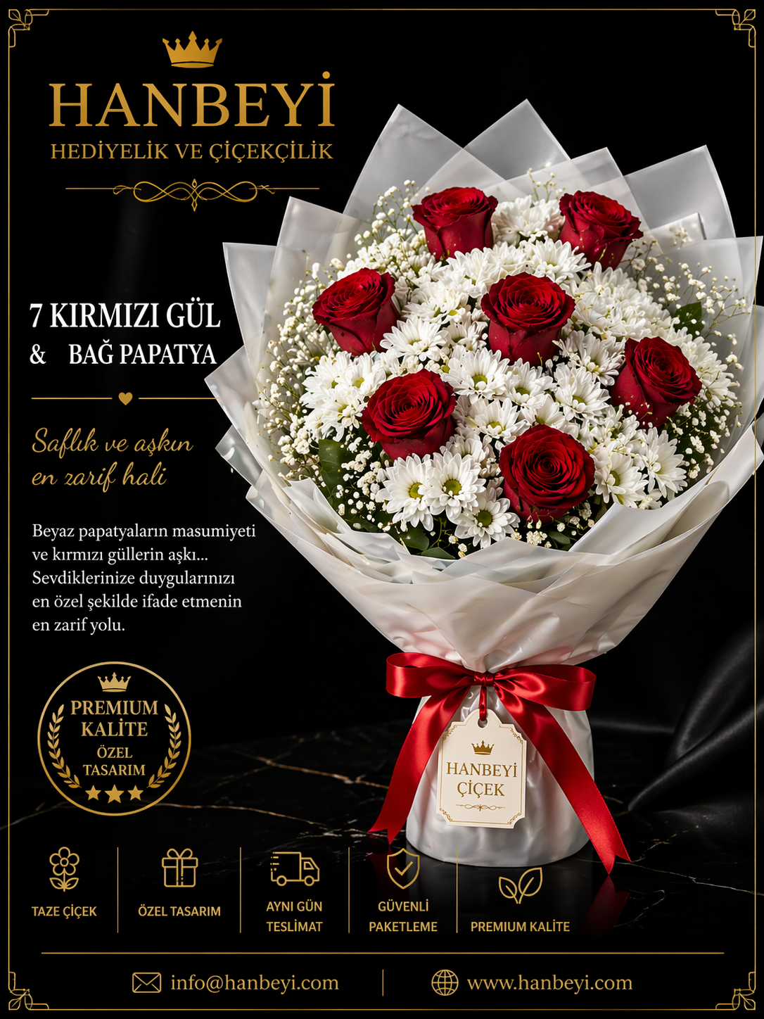 2 Bağ Papatya & 7 Kırmızı Gül Buketi | Premium Aşk Koleksiyonu Avcılar Çiçekçi