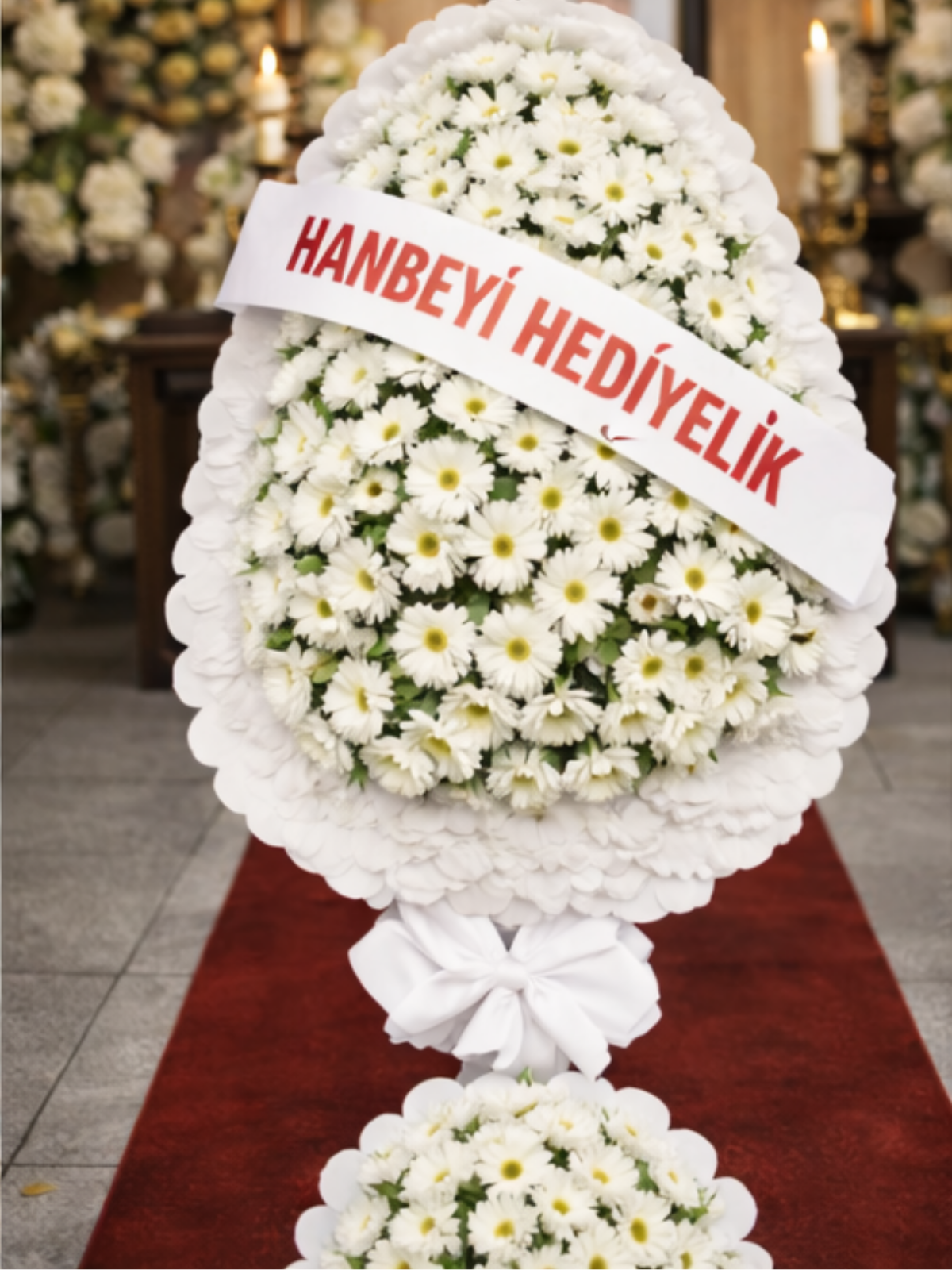 2 Katlı  Beyaz Gerbera Çelenk – Açılış, Düğün, Kutlama & Cenaze Çelengi | Hanbeyi KIZ İSTEME BUKETİ