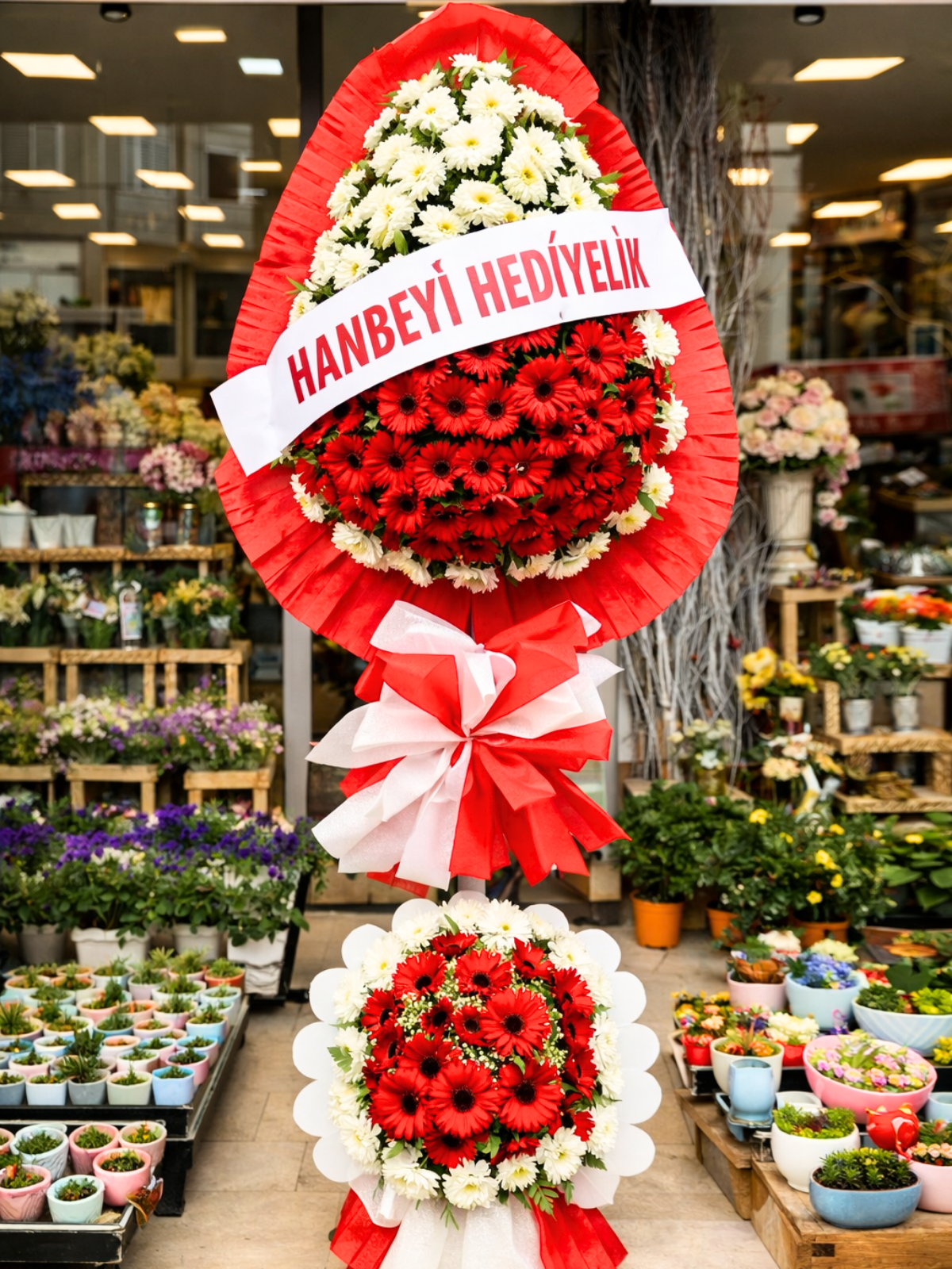 2 Katlı Kırmızı & Beyaz Gerbera Çelenk – Açılış, Düğün, Kutlama & Cenaze Çelengi | Hanbeyi KIZ İSTEME BUKETİ