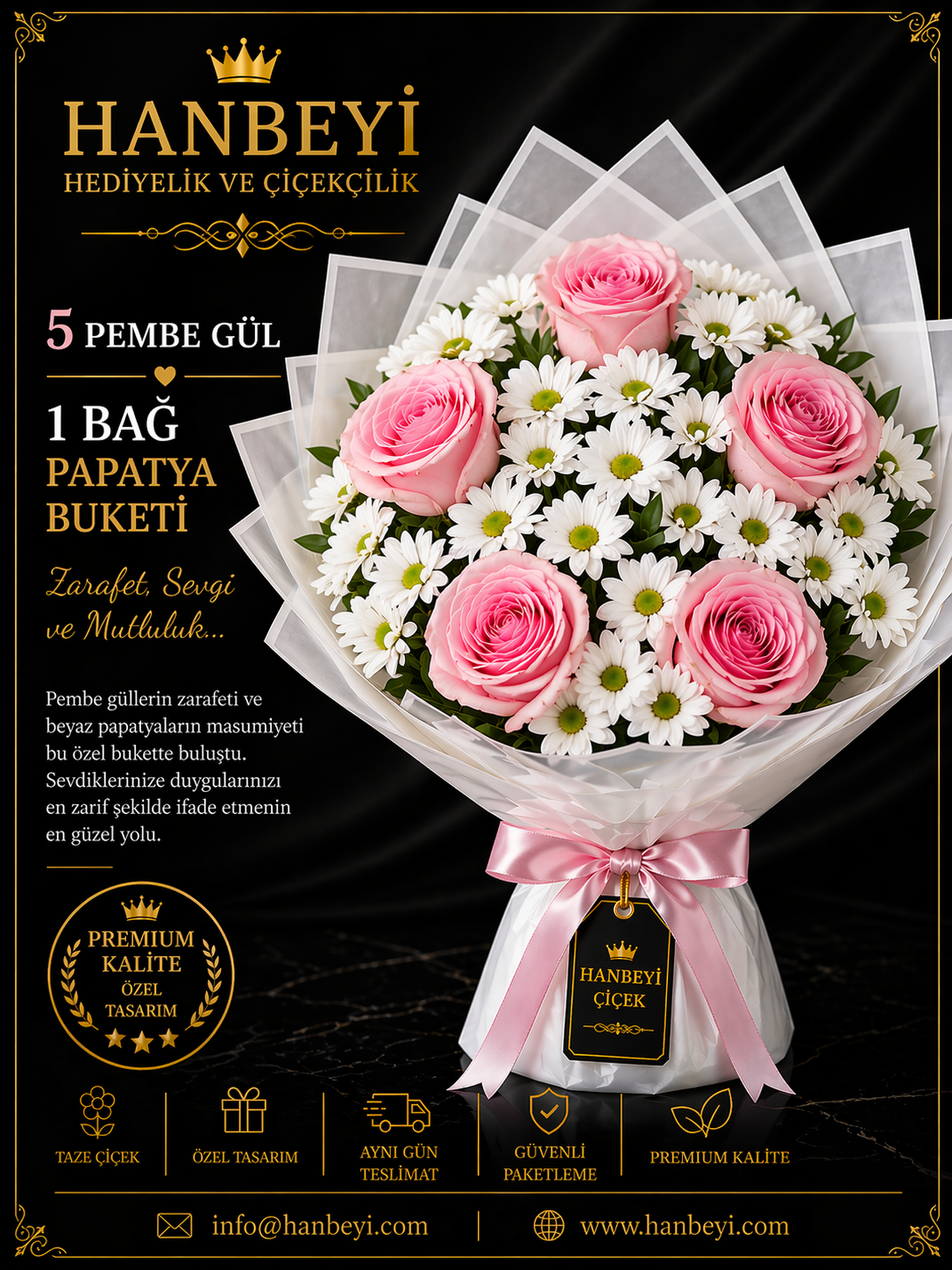5 Pembe Gül & 1 Bağ Papatya Buketi | Premium Zarafet Koleksiyonu Avcılar Çiçekçi