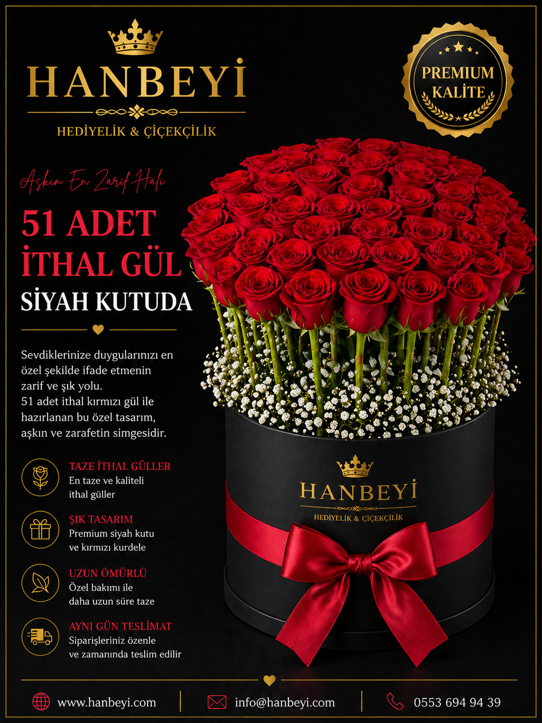 51 Adet İthal Gül Siyah Kutuda | Premium Luxury Collection Avcılar Çiçekçi