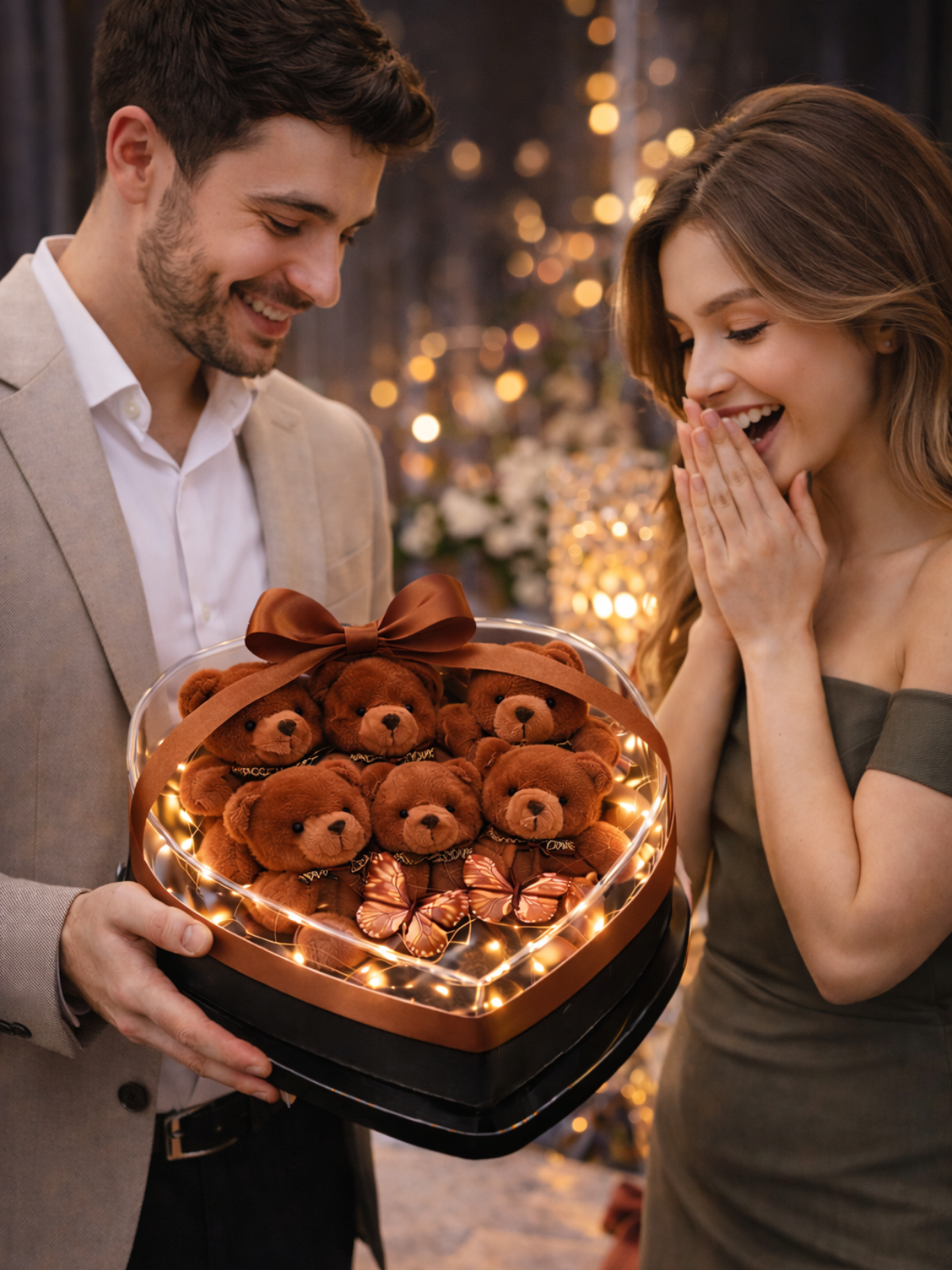6'lı Işıklı Kelebekli Pleksi Kalp Kutuda Mini Ayıcık – Premium Romantik Hediye | Hanbeyi Aynalı Gül Buketi