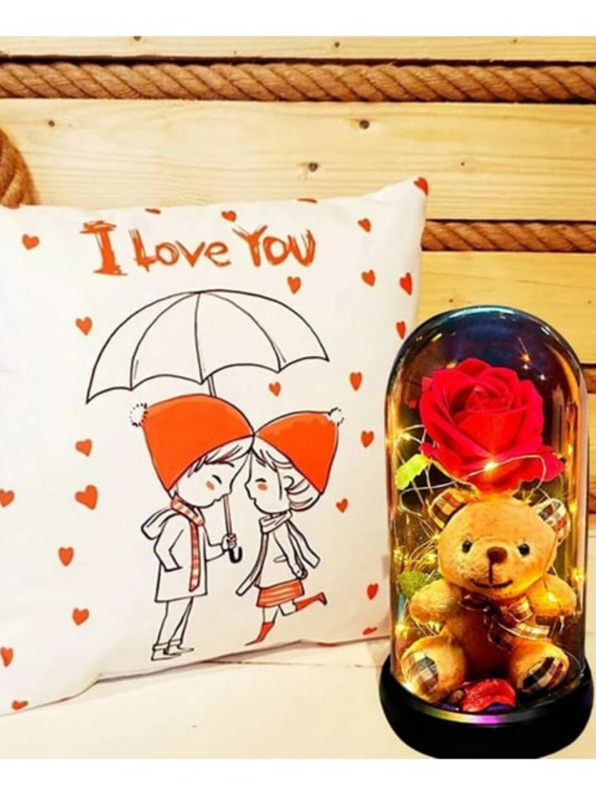 Sevgiliye Hediye Ayıcıklı Kırmızı Gül Işıklı Teraryum Fanus ve I LOVE YOU YASTIK SEVGİLİYE HEDİYE KİŞİYE ÖZEL