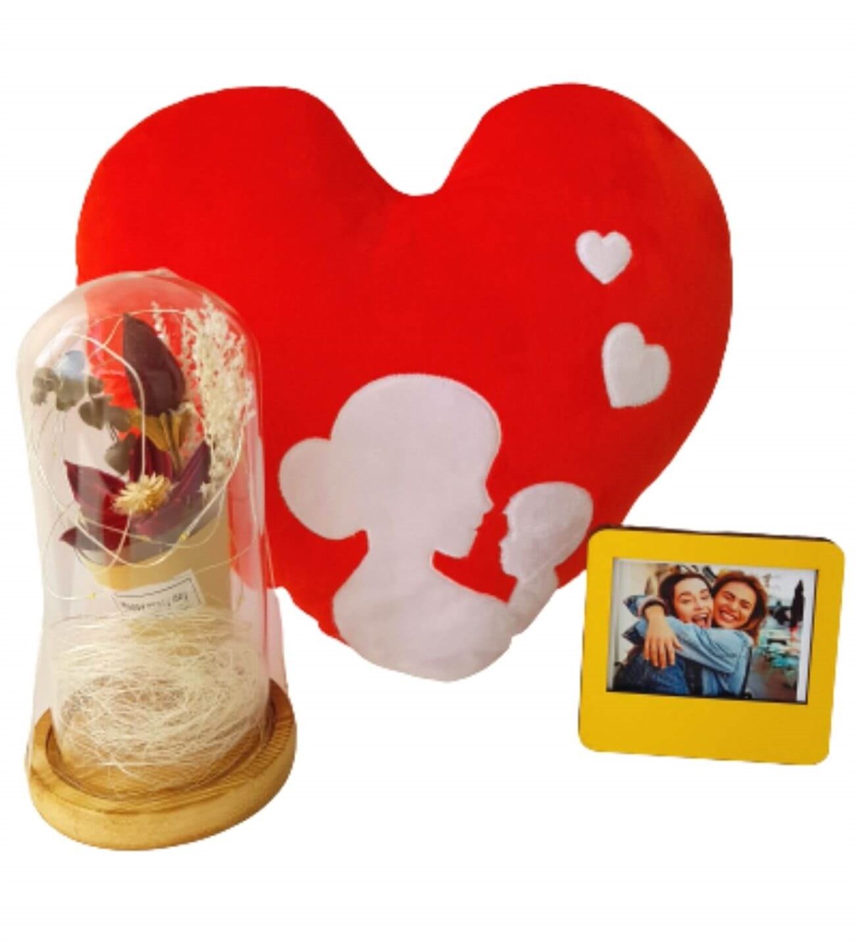 Kişiye Özel Fotoğraflı Anne Bebek Kalp Yastık ışıklı Gül Fanus Hediye Seti Yeni Doğan Hediye Seti;Yeni Doğan Hediye Seti