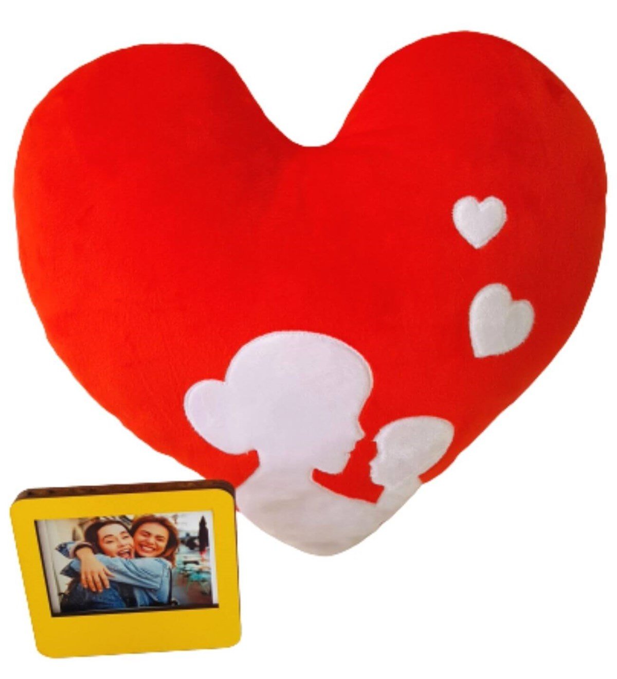 Kişiye Özel Sarı Çerçeveli Fotoğraflı Anne Bebek Kalp Yastık Hediye Seti Yeni Doğan Hediye Seti;Yeni Doğan Hediye Seti