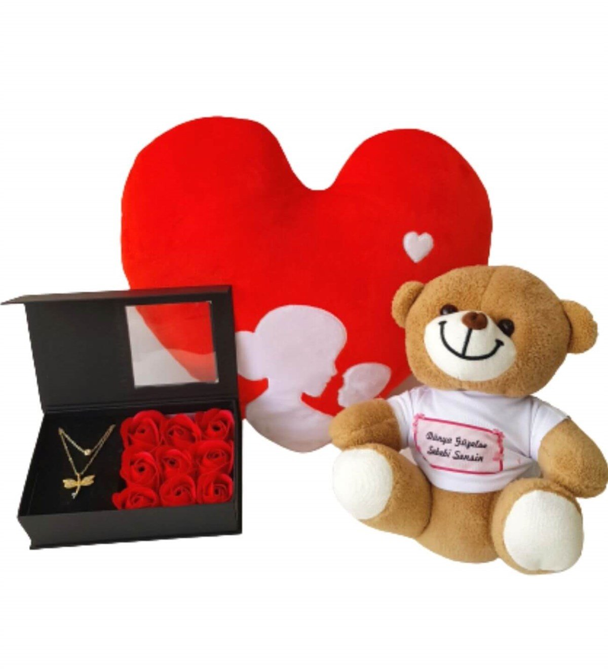 Anne Bebek Kalp Yastık Gül Kutusunda Yusufcuk Kolye Dünye Güzelse Sebebi Sensin Ayıcık Yeni Doğan Hediye Seti;Yeni Doğan Hediye Seti