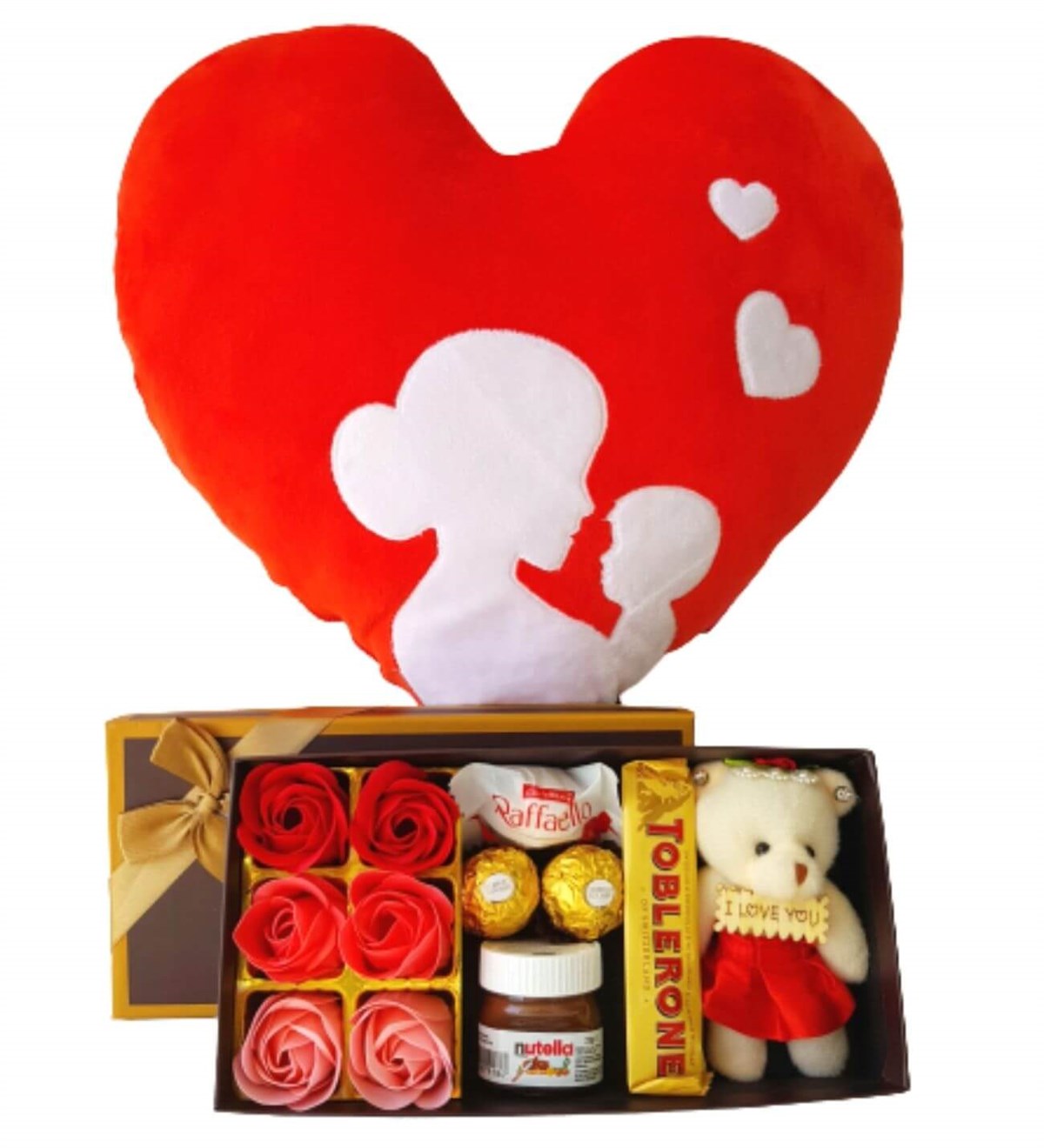 Hanbeyi Anne Bebek Kalp Yastık Gül Kutusu Ferrero Çikolata Hediye Seti Yeni Doğan Hediye Seti;Yeni Doğan Hediye Seti