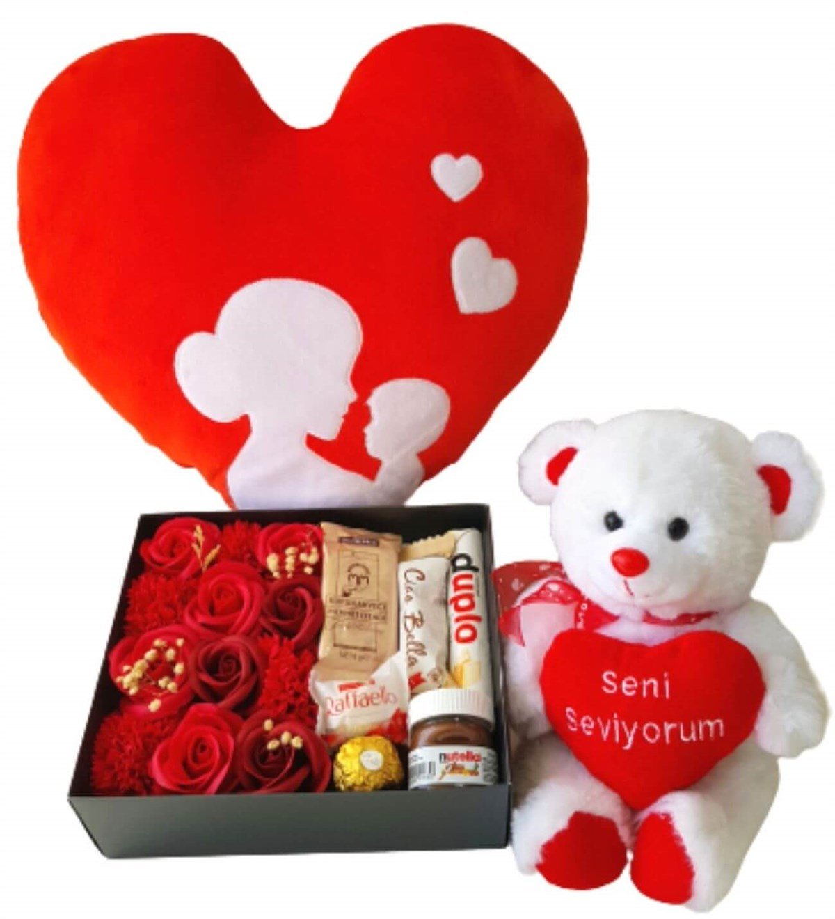 Hanbeyi  Anne Bebek Kalp Yastık Özel Kutuda Karışık Ferrero Çikolata  Seni Seviyorum Ayıcık Yeni Doğan Hediye Seti;Yeni Doğan Hediye Seti