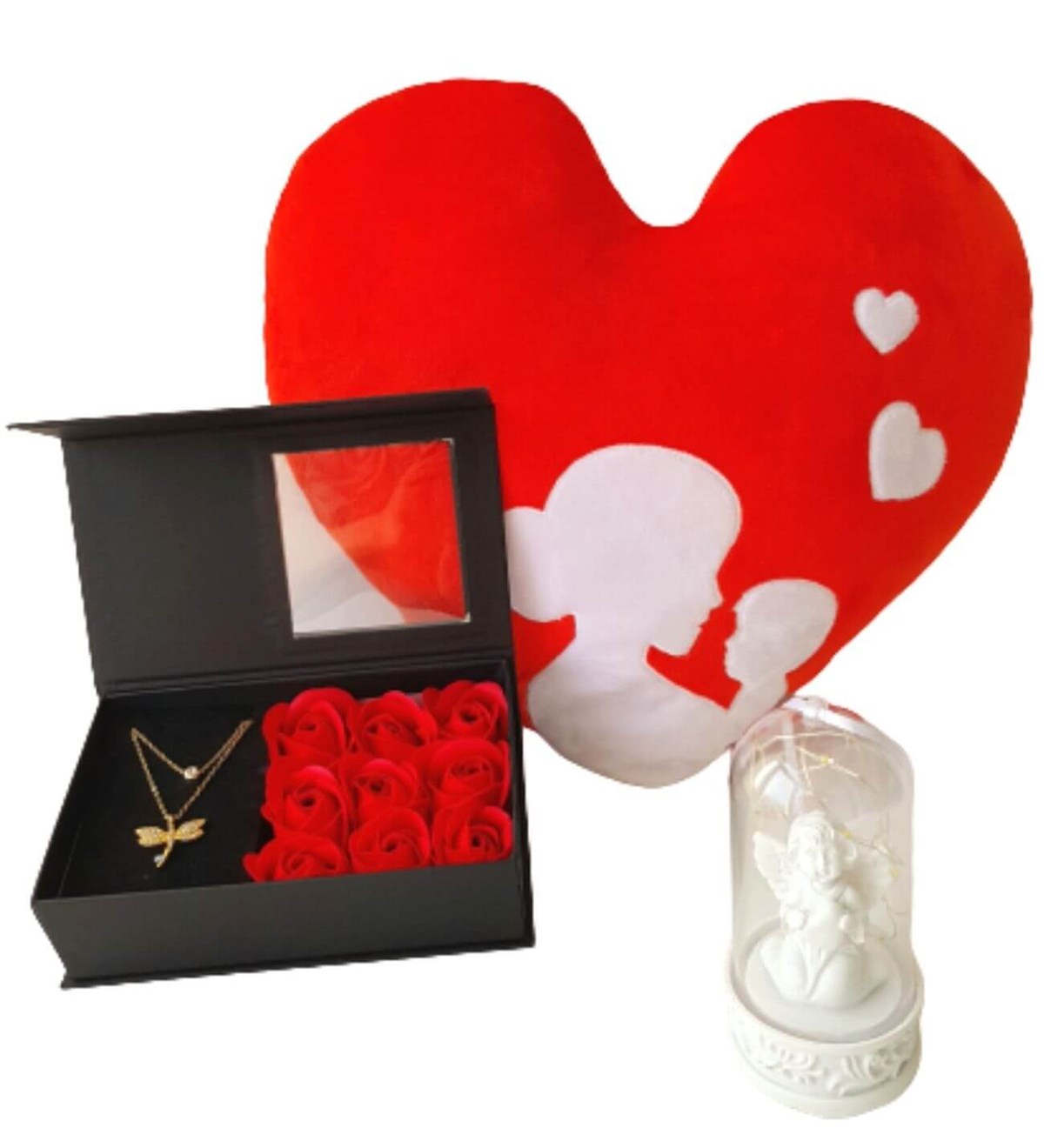 Hanbeyi Anne Bebek Kalp Yastık Gül Kutusunda Yusufcuk Kolye Işıklı Melek Fanus Hediye Seti Yeni Doğan Hediye Seti;Yeni Doğan Hediye Seti