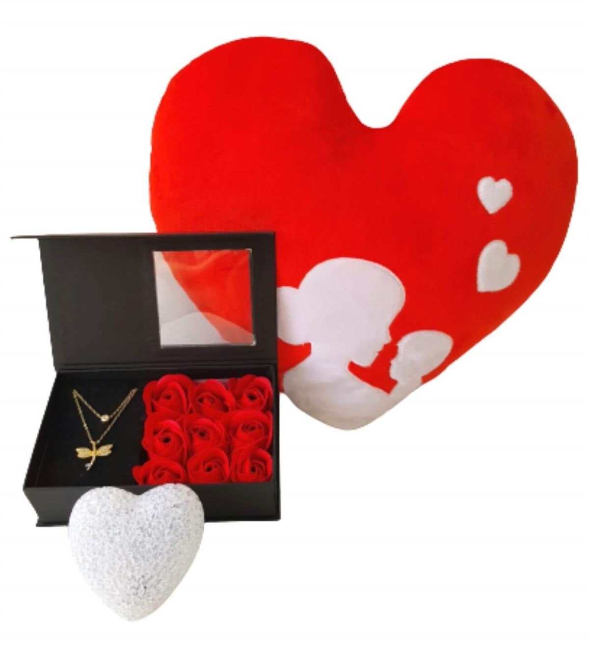 Hanbeyi Anne Bebek Kalp Yastık Gül Kutusunda Yusufcuk Kolye Beyaz Kalp Lamba Hediye Seti Yeni Doğan Hediye Seti;Yeni Doğan Hediye Seti