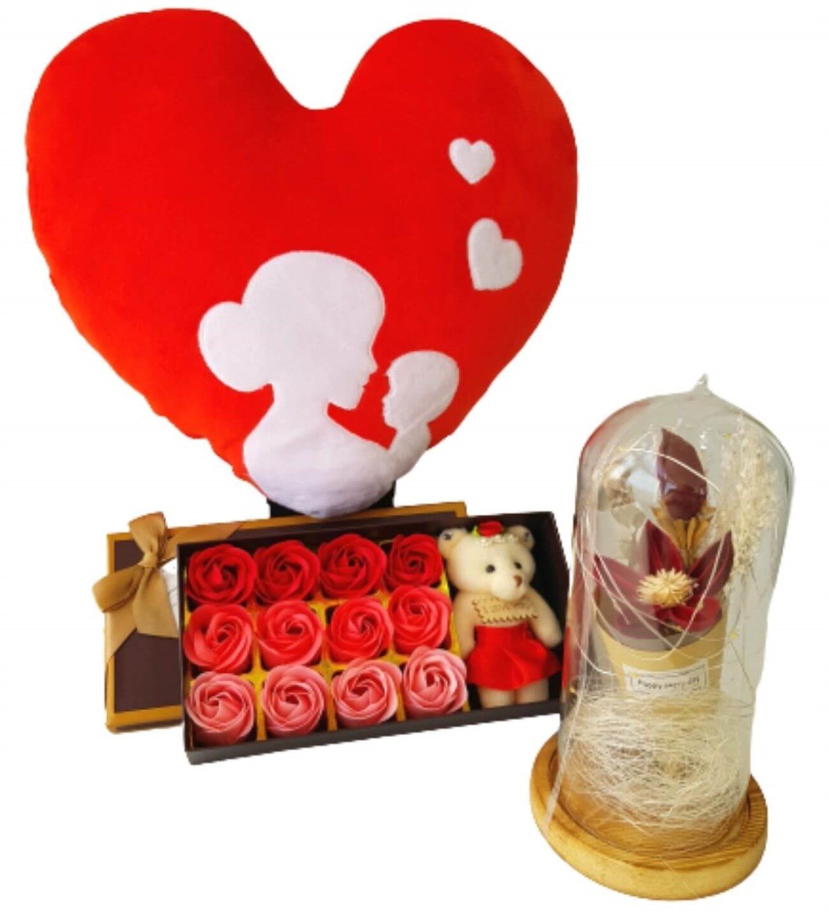 Hanbeyi Anne Bebek Kalp Yastık 12 Gül Kutusu Işıklı Gül Fanus Hediye Seti Yeni Doğan Hediye Seti;Yeni Doğan Hediye Seti