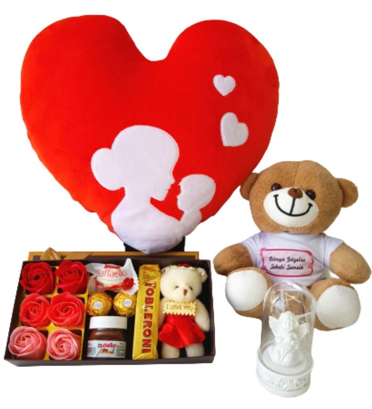 Anne Bebek Kalp Yastık Gül Kutusu Ferrero Çikolata Dünya Güzeline Ayıcık Işıklı Melek Fanus Yeni Doğan Hediye Seti;Yeni Doğan Hediye Seti