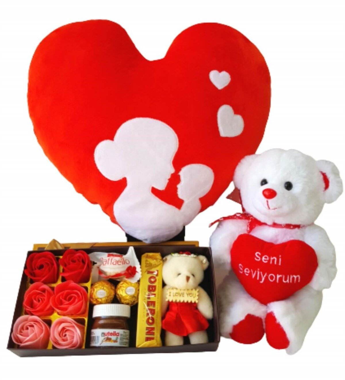 Hanbeyi Anne Bebek Kalp Yastık Gül Kutusu Ferrero Çikolata Seni Seviyorum Ayıcık Hediye Seti Yeni Doğan Hediye Seti;Yeni Doğan Hediye Seti
