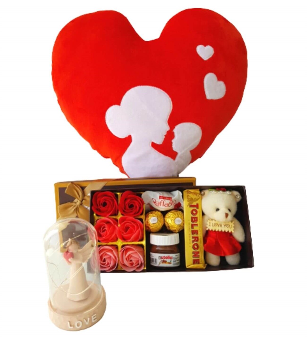 Hanbeyi Anne Bebek Kalp Yastık Gül Kutusu Ferrero Çikolata Işıklı Love Fanus Hediye Seti Yeni Doğan Hediye Seti;Yeni Doğan Hediye Seti