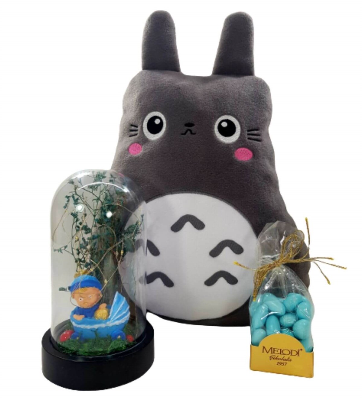 Hoş Geldin Bebek Hediyesi Erkek Çocuk Gri Totoro Yastık  Büyük Boy Işıklı Teraryum Çikolata Kişiye Özel;
