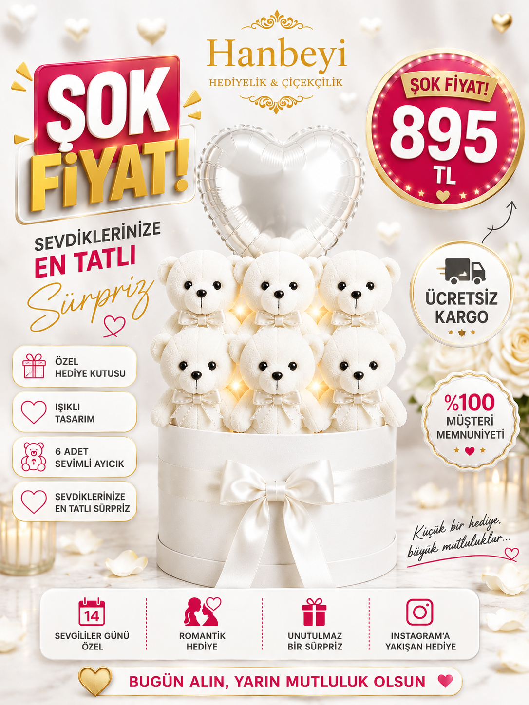 Beyaz Ayıcıklı Işıklı Yuvarlak Kutu Aranjmanı - Kalp Balonlu Romantik Hediye Seti Ayıcıklı Buketler