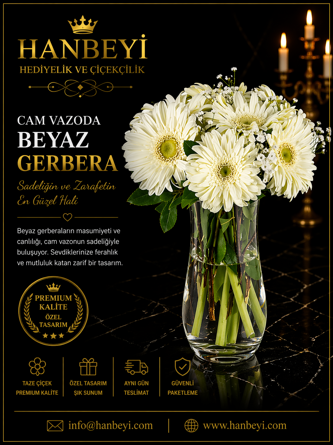 Cam Vazoda Beyaz Gerbera | Premium Saflık Koleksiyonu Avcılar Çiçekçi