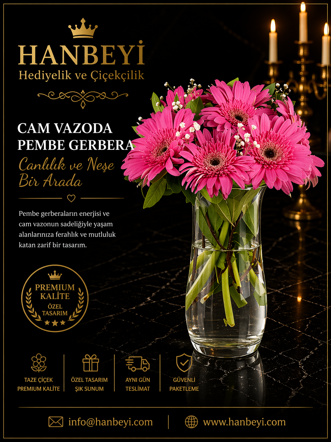 Cam Vazoda Pembe Gerbera | Premium Neşe Koleksiyonu Avcılar Çiçekçi
