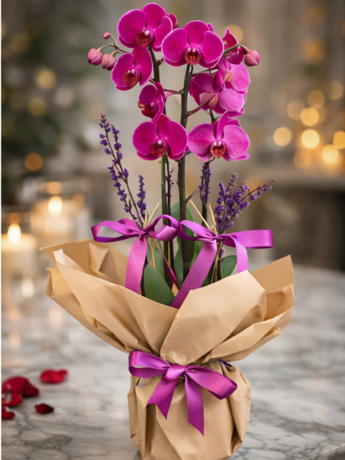 Çift Dal Mor Orkide – Premium Orkide Tasarımı | Hanbeyi KIZ İSTEME BUKETİ