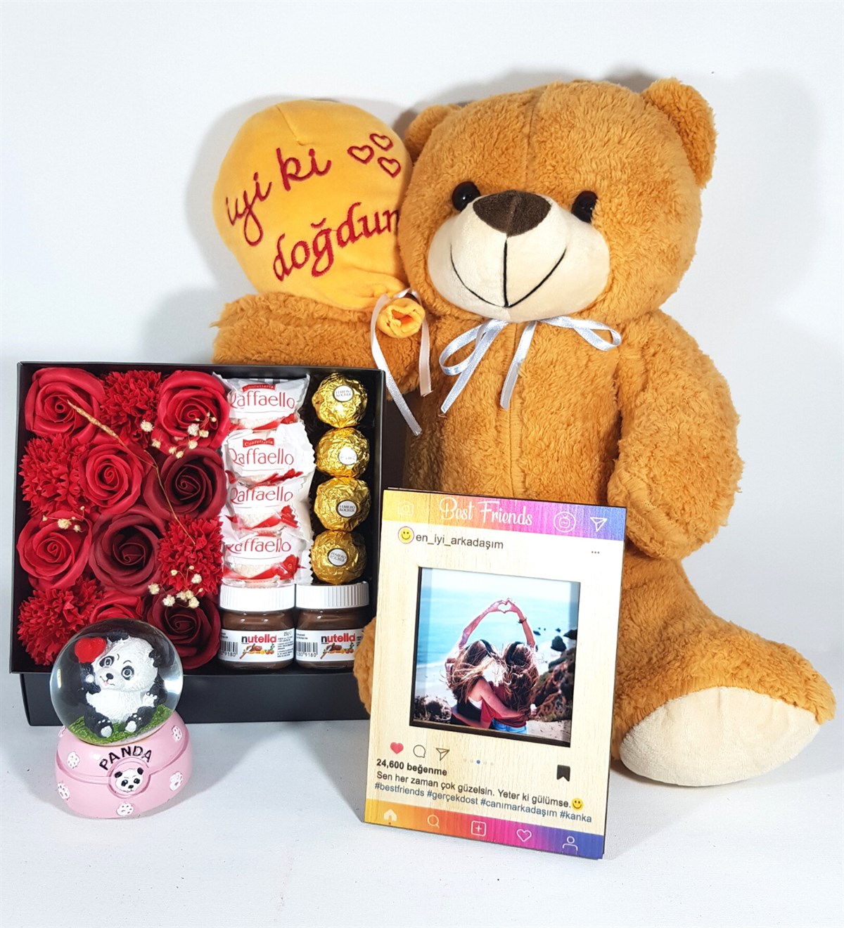 İyi Ki Varsın Kişiye Özel İnstagram Çerçeve Panda Kar Küresi Gül Kutu Ferrore Çikolata Set Hediye Setleri