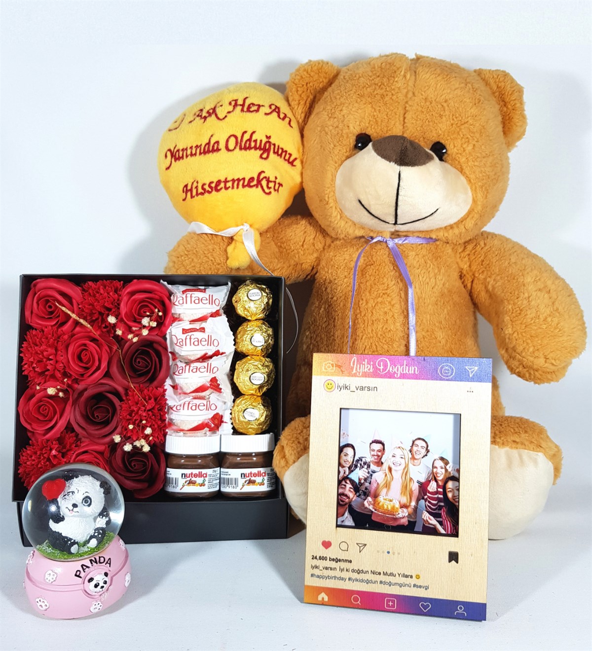 Kişiye Özel Sevgiliye Hediye İnstagram Çerçeve Panda Kar Küresi Ferrero Çikolata Seti Hediye Setleri